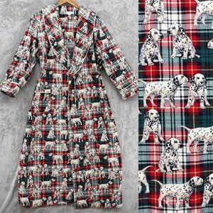 Eileen West Vintage 90s Dalmation Puppy Dog Print Plaid Flannel Robe